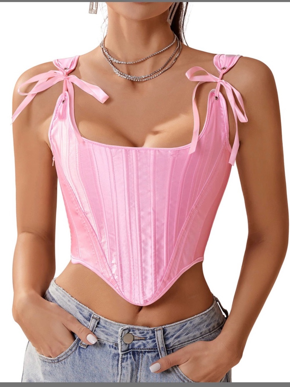 Pink Satin Tie-Shoulder Corset Top